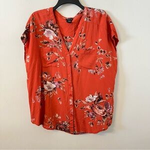Torrid Womens 1X Plus Red Button Up Floral Shirt Top